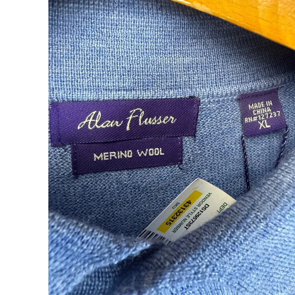 NWT Alan Flusser Polo Sweater‎ Mens XL Blue Merino Wool Long Sleeve Quiet Luxury